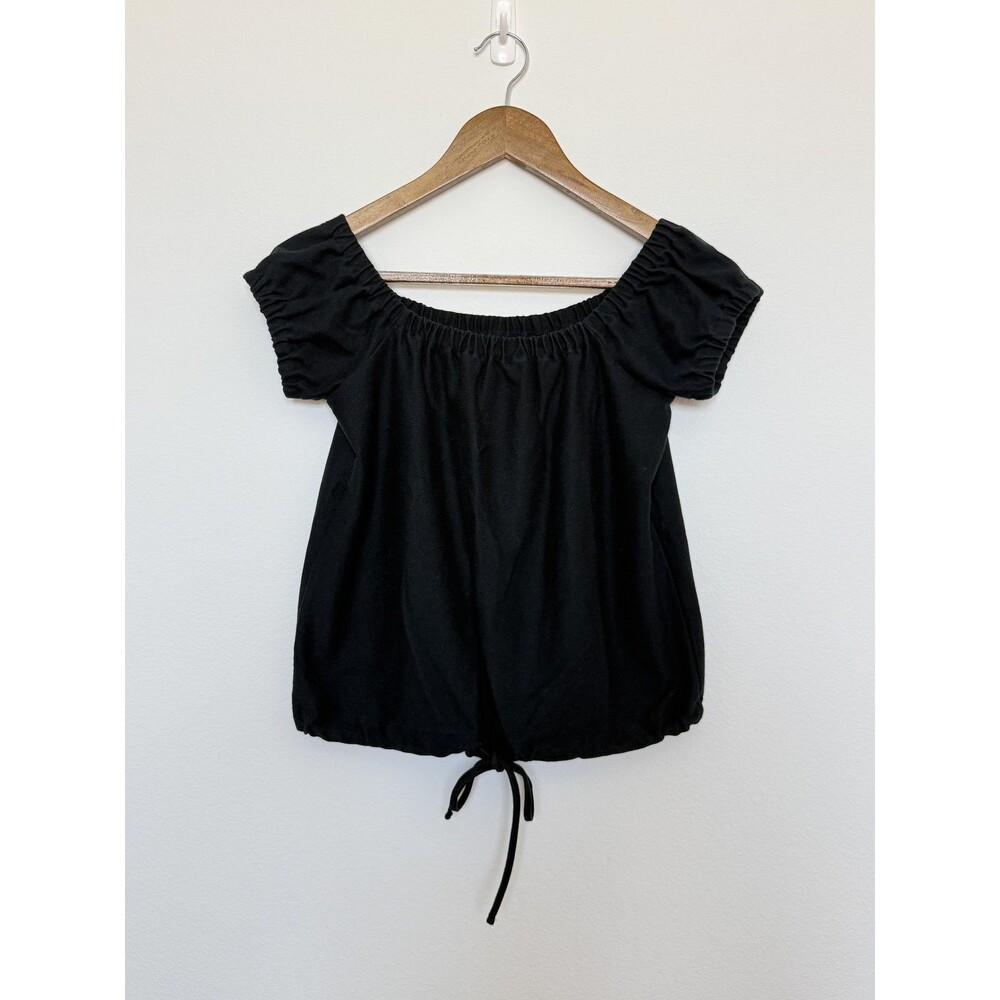 Madewell Shirt Womens XS Black Off Shoulder Drawstring Hem Short Sleeve Top